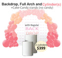 Rectangular backdrop full balloons arch & white cylinders