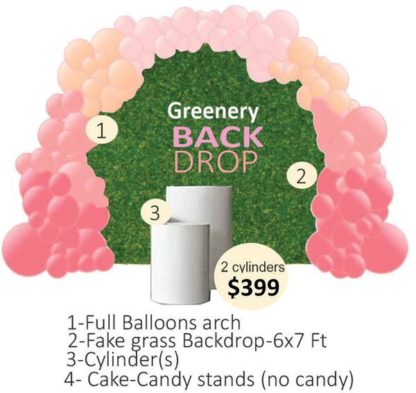 Grass Rectangular backdrop full balloons arch and cylinder(s)