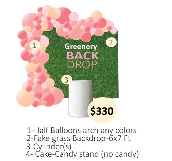 Grass Rectangular backdrop half balloons arch and cylinder(s)