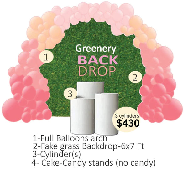 Grass Rectangular backdrop full balloons arch and cylinder(s)