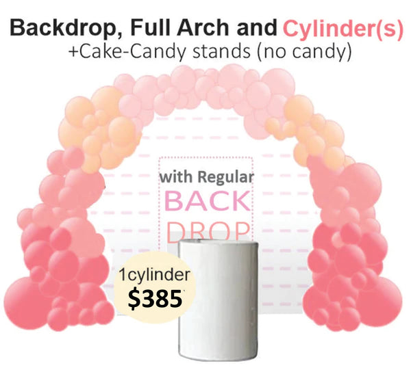 Rectangular backdrop full balloons arch & white cylinders