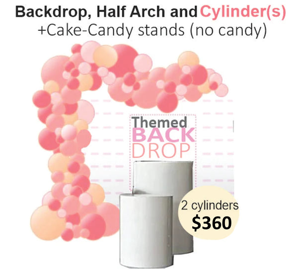 Rectangular backdrop half balloons arch & white cylinders
