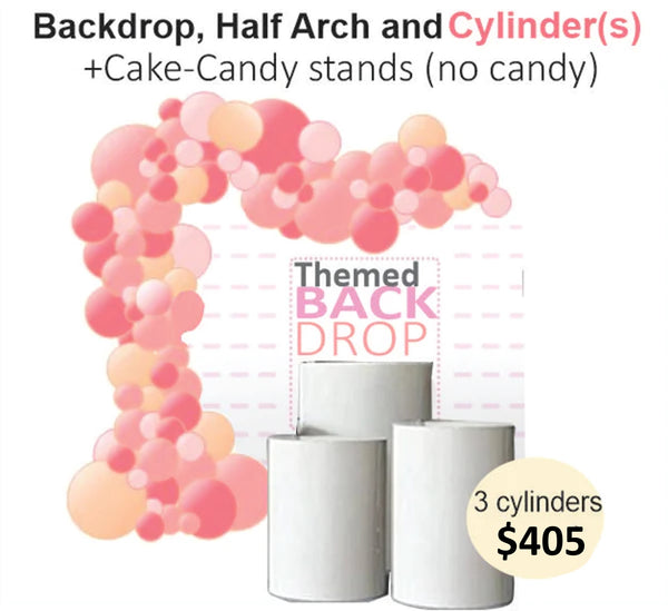 Rectangular backdrop half balloons arch & white cylinders