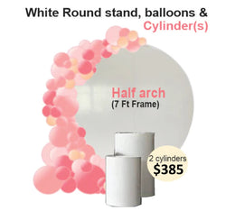 White Round backdrop half balloons arch & cylinders