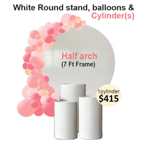 White Round backdrop half balloons arch & cylinders