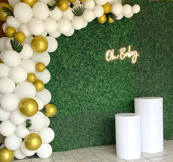 Grass Rectangular backdrop half balloons arch and cylinder(s)