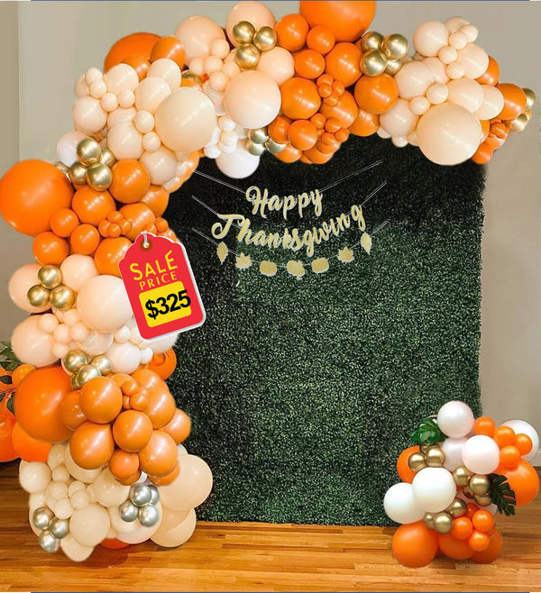 Half balloons arch with grass backdrop thanksgiving decoration