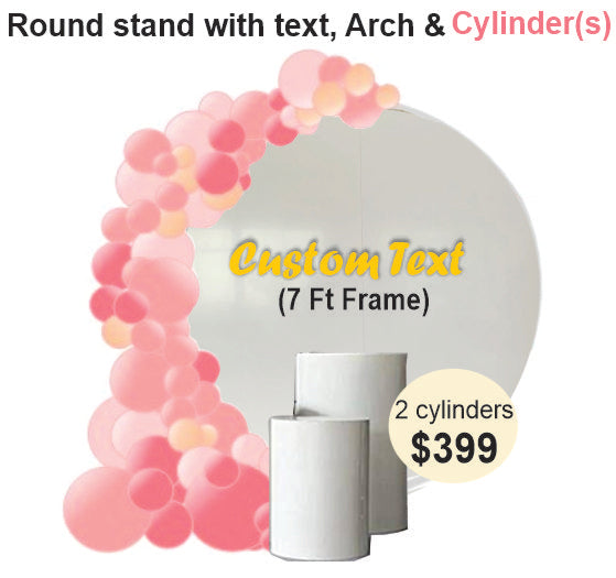 Round white backdrop custom text cylinders half arch