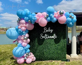 Grass Backdrop Gender Reveal Décor with Balloons Arrangement