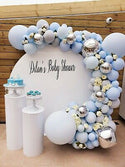 Round white backdrop custom text cylinders half arch